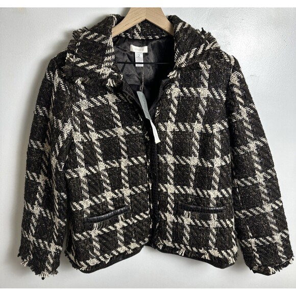 CHICO'S Chocolate Brown Tweed Perfect PLAID JANISE JACKET Size 2 Large - Picture 1 of 12